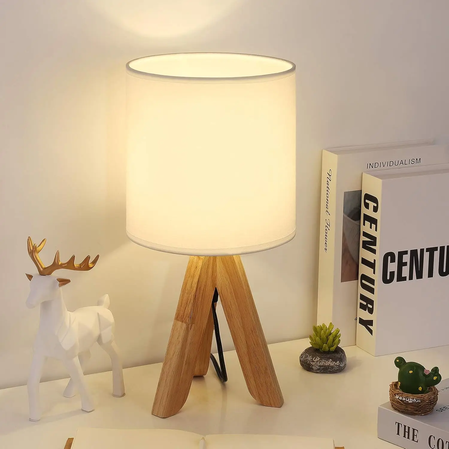 

Cute Kids Desk Lamp with Fabric Shade and Wood Tripod Base for Bedroom, Office, Study