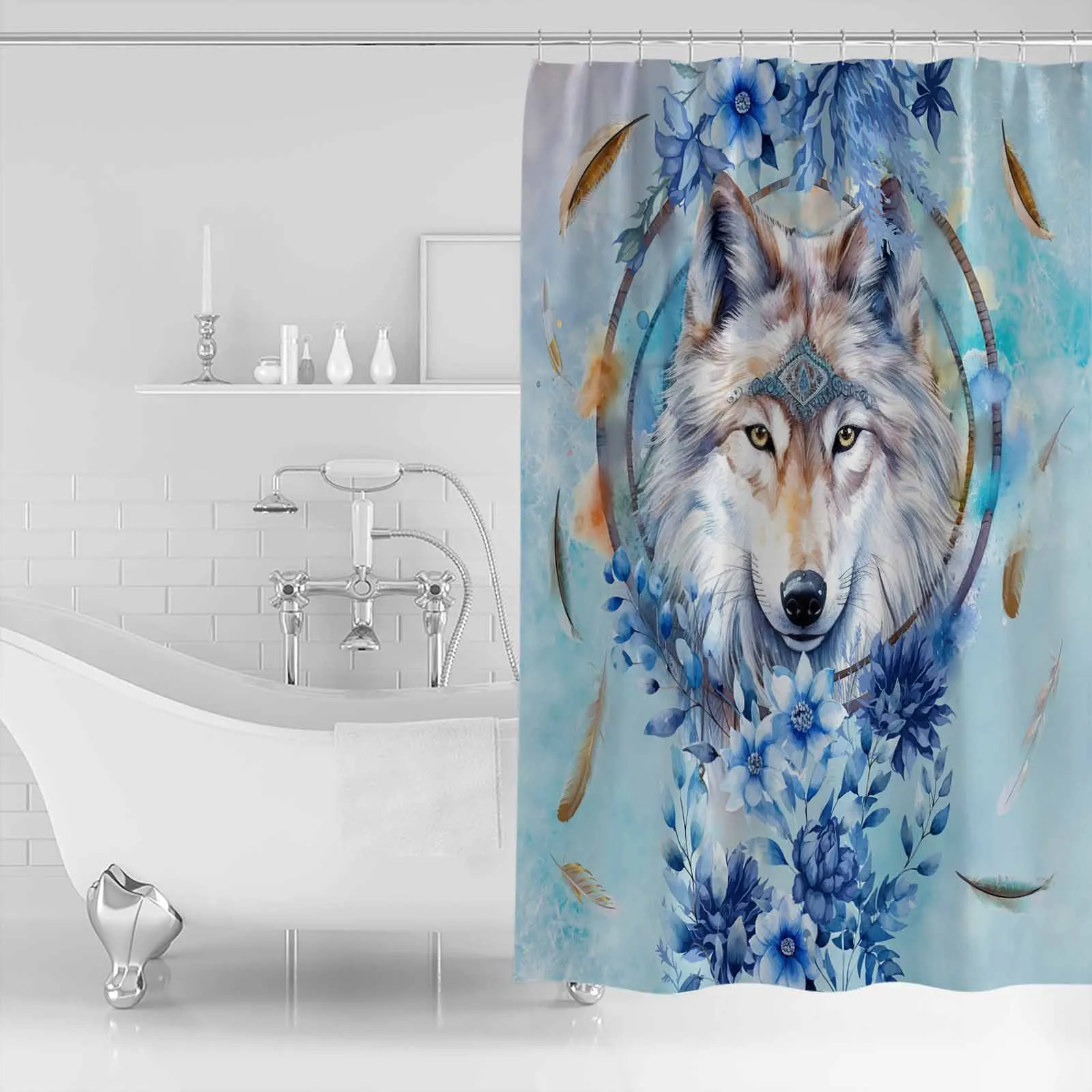 Watercolor Wolf Animal Flower Feather Shower Curtains Waterproof Bath Curtains Home Decor Modern Luxury Bathroom Curtain