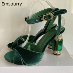 Luxury Velvet Diamond Heel Summer Shoes Woman Cross Band Ankle Strappy Jeweled High Heels Rhinestone Party Sandals Women