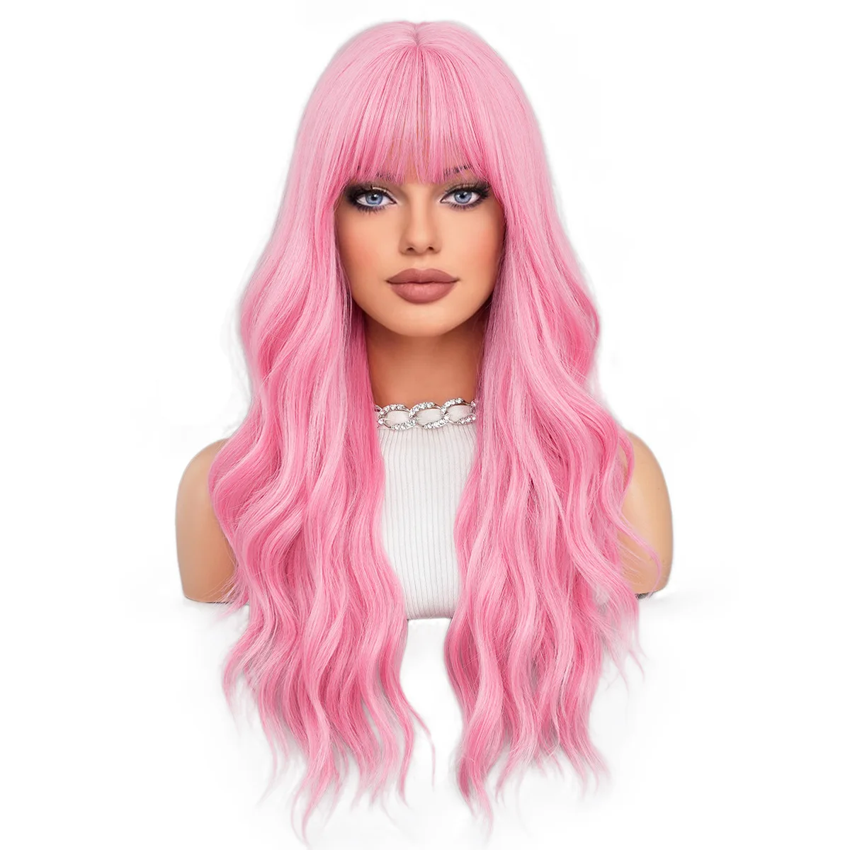 Pink long curly hair, large wavy curly hair, full set air bangs wig