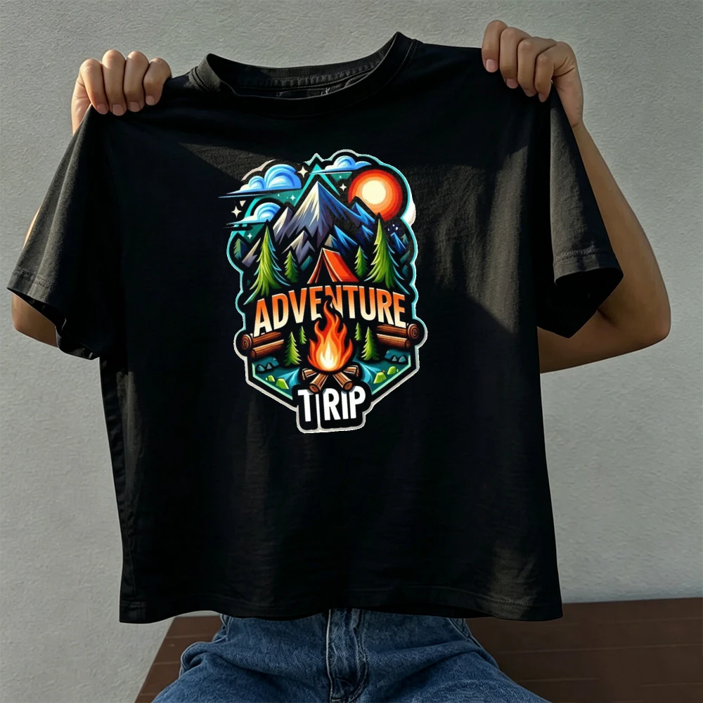 Adventure Trip Camping Tent Fire Badge Graphic Men Outdoor Exploration T Shirt Nature Mountain Trekking Clothes