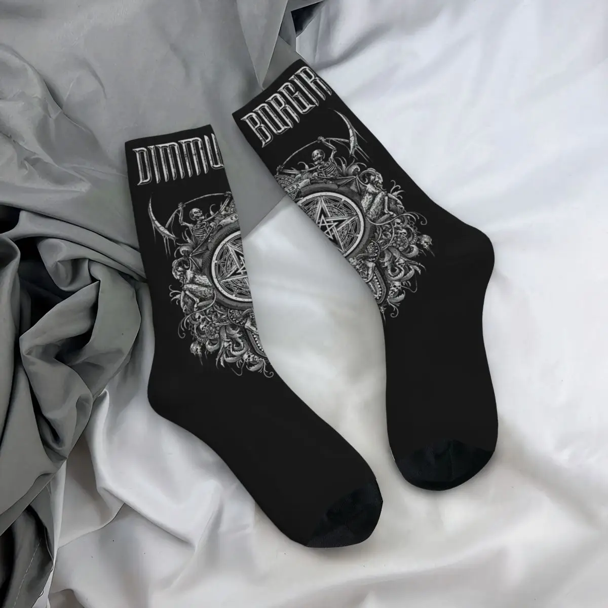 Calcetines con estampado de Borgir Eonian Song Dimmu Merch para hombre y mujer, medias con banda de Metal negra, absorbentes de sudor, todas las