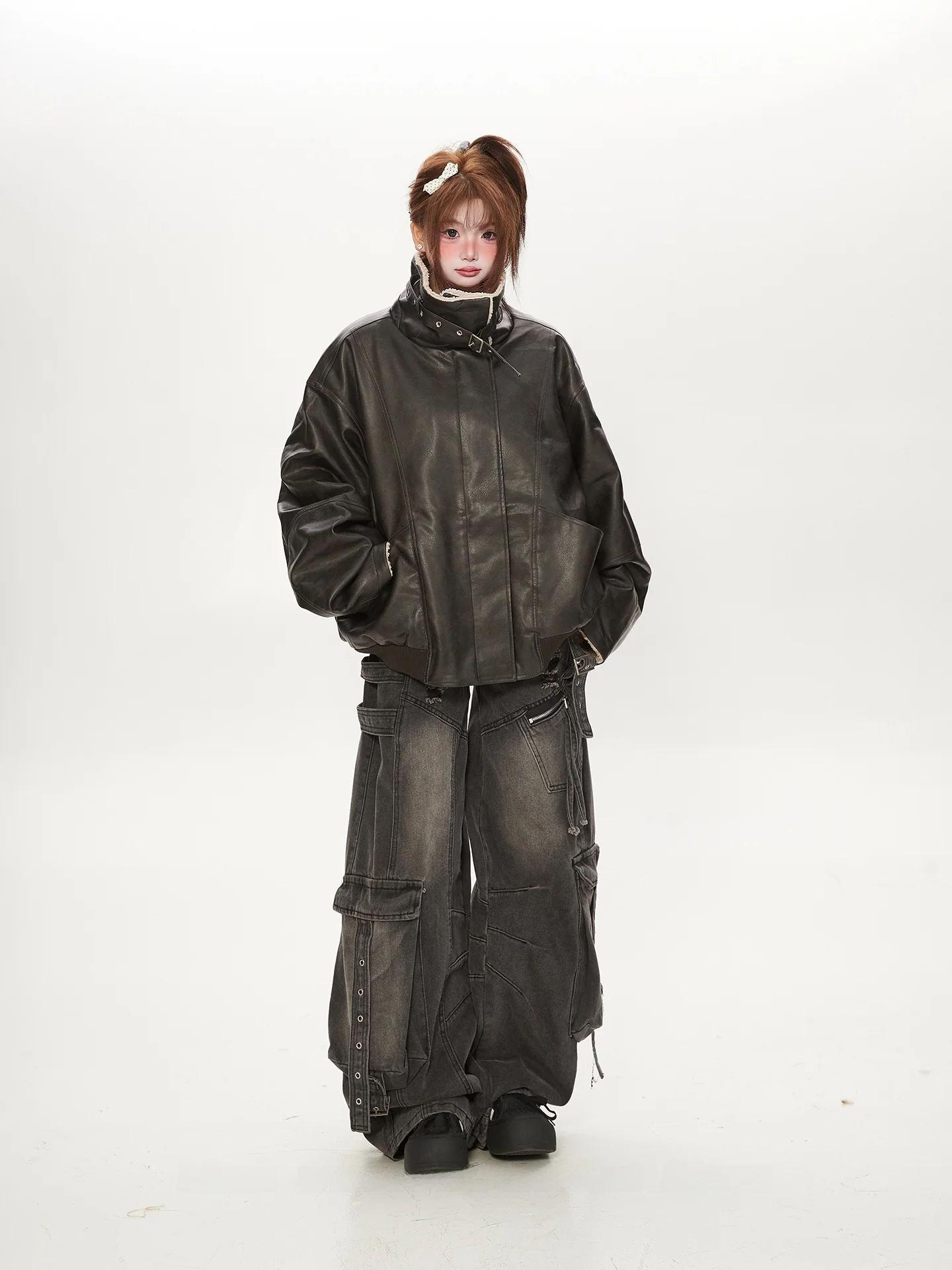 Thiened Fce Gefütterter Loser Damen-Mantel Retro Amerikanischer Stil Umweltfreundliches PU-Lammfell-Spleiß-Wintermantel