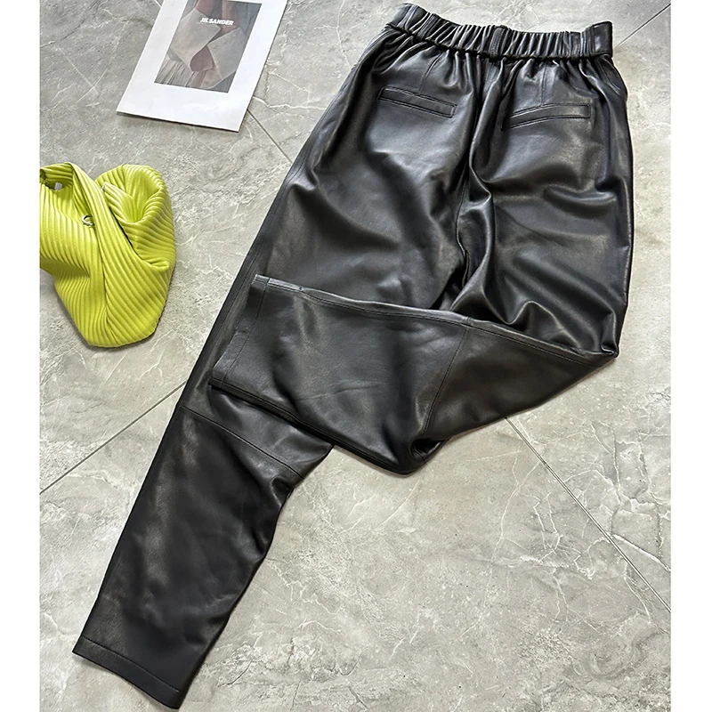 Lambskin Real Leather Pants For Women Elastic Waist Wide Leg Straight Pants Chic Office Ladies Casual Ankle-Length Pencil Pants