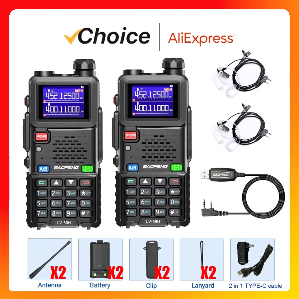 Baofeng UV 5RH 10W bandas completas Walkie Talkie sin cables copia frecuencia tipo C cargador transceptor UV 5R mejorado 2 uds