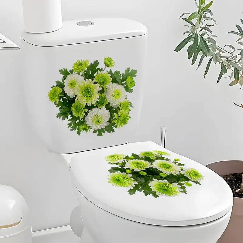 Green White Chrysanthemum Waterproof Toilet Decals Self-Adhesive Bathroom Tank Stickers for Small Restroom Decoration