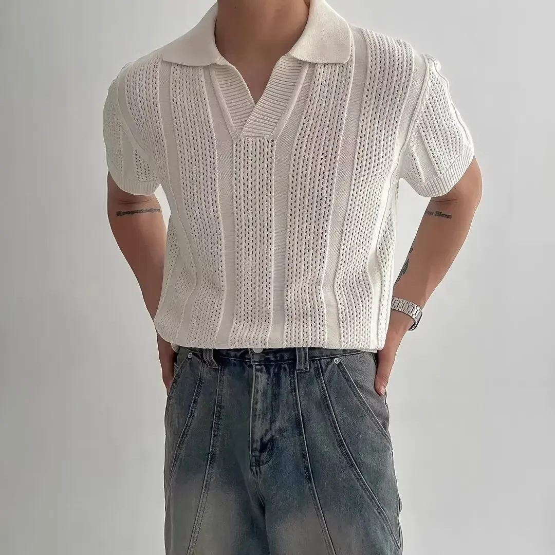 

Men's Summer Korean Style Lightweight Knitshort Sleevespolo Shirt Hollow Mesh Texture Knitwear T-shirt Top Body Shirt
