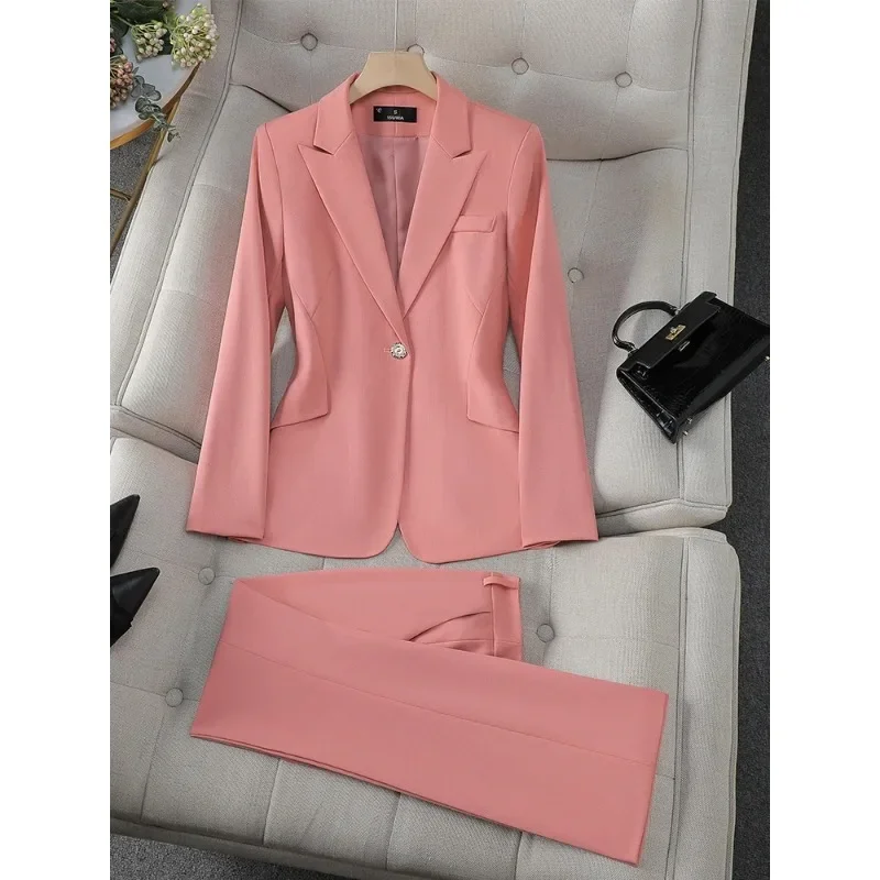 Ladies Formal Pant Suit Set Women Orange Pink Green Female Business Work Wear Long Sleeve 2 Piece Blazer Jacket And Trouser