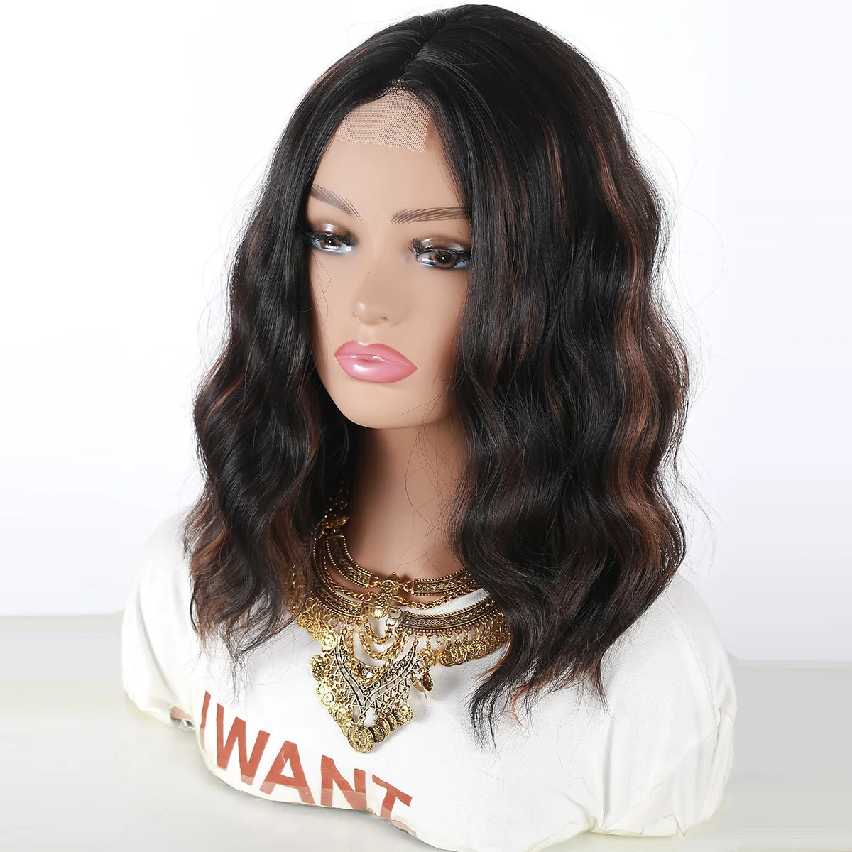 2026 New European and American Wig Short Curly Hair Gold Gradient Button Mesh Synthetic Wig Set