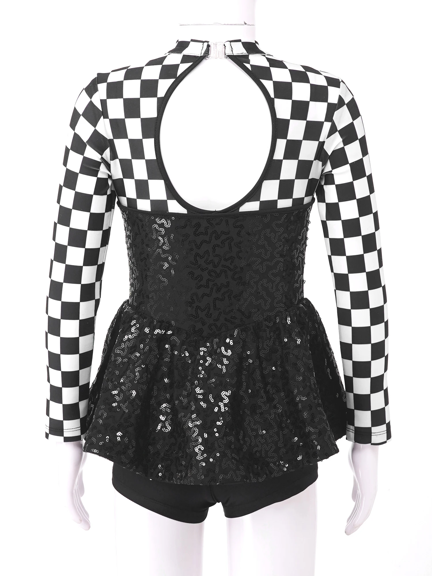 

Girls Checkerboard Racer Costume Halloween Car Driver Cosplay Leotard Dress Long Sleeve Sequins Tulle Skirt Bodysuit Performance