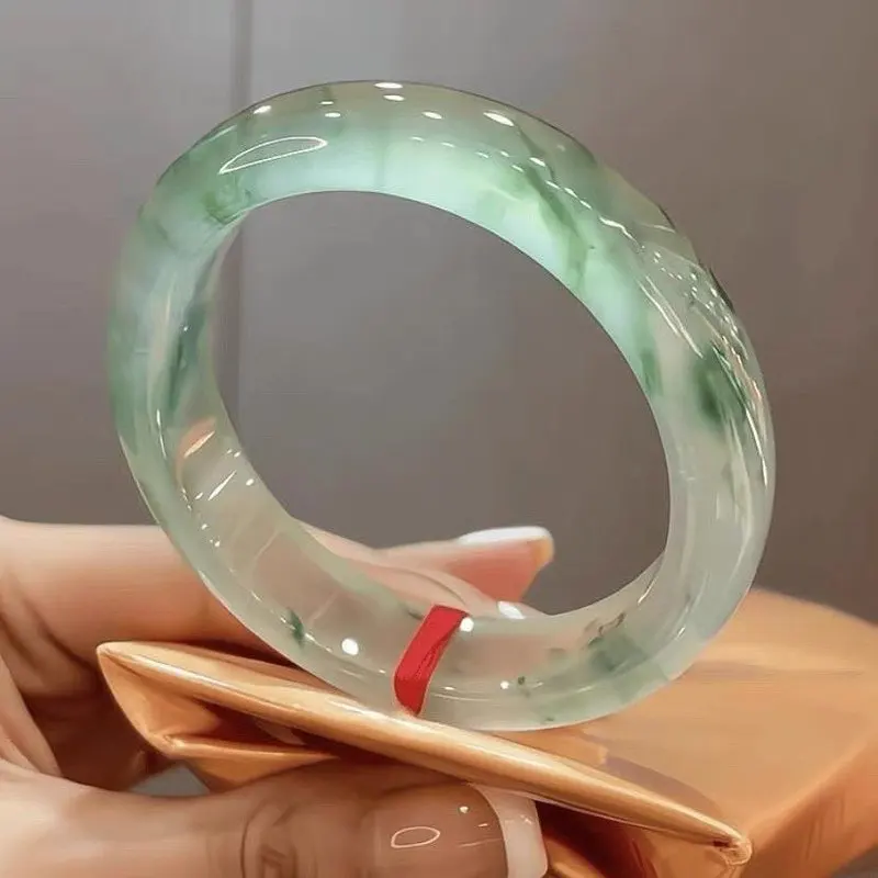 Myanmar Old Mine Clear Water Jade Bangle, Ice Jadeite with Translucent Green and Floral Patterns, Women's Elegant Bracelet