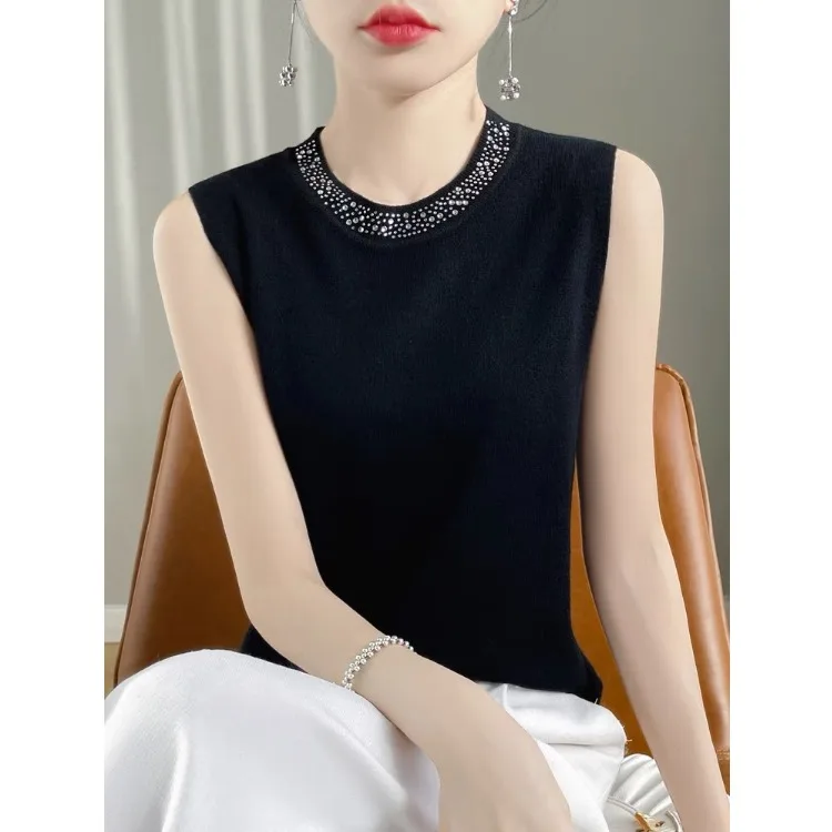 

Outlet Store Svel Knitted Vest Women's Casual Diamond Embellied Top Slim Fit Polyester Fiber Summer Regular Length