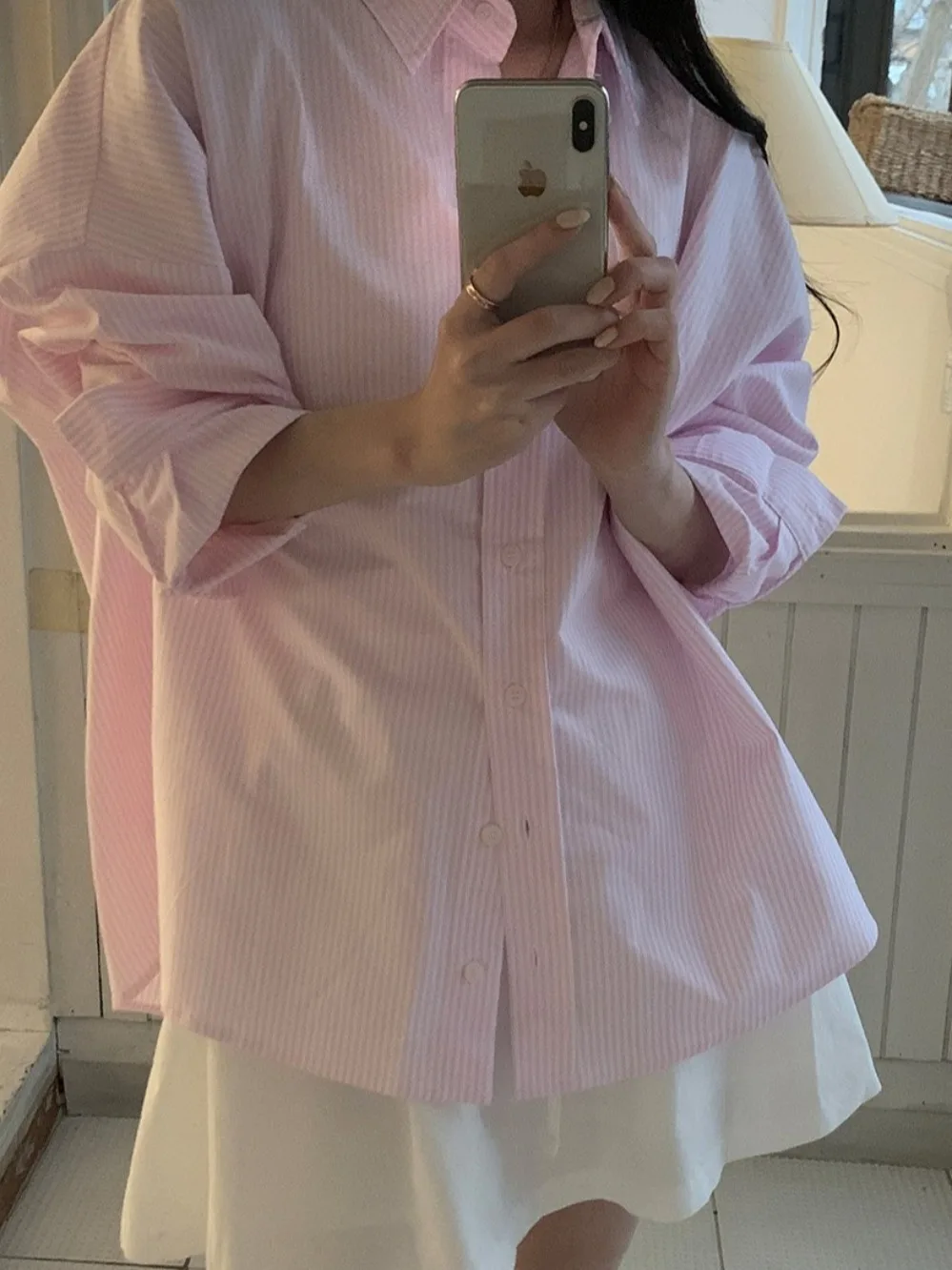 

Sweet Soft Pink Striped irt Women's Early Autumn Long Sve Loose Versatile Personali Top Pure Color Commute Sle