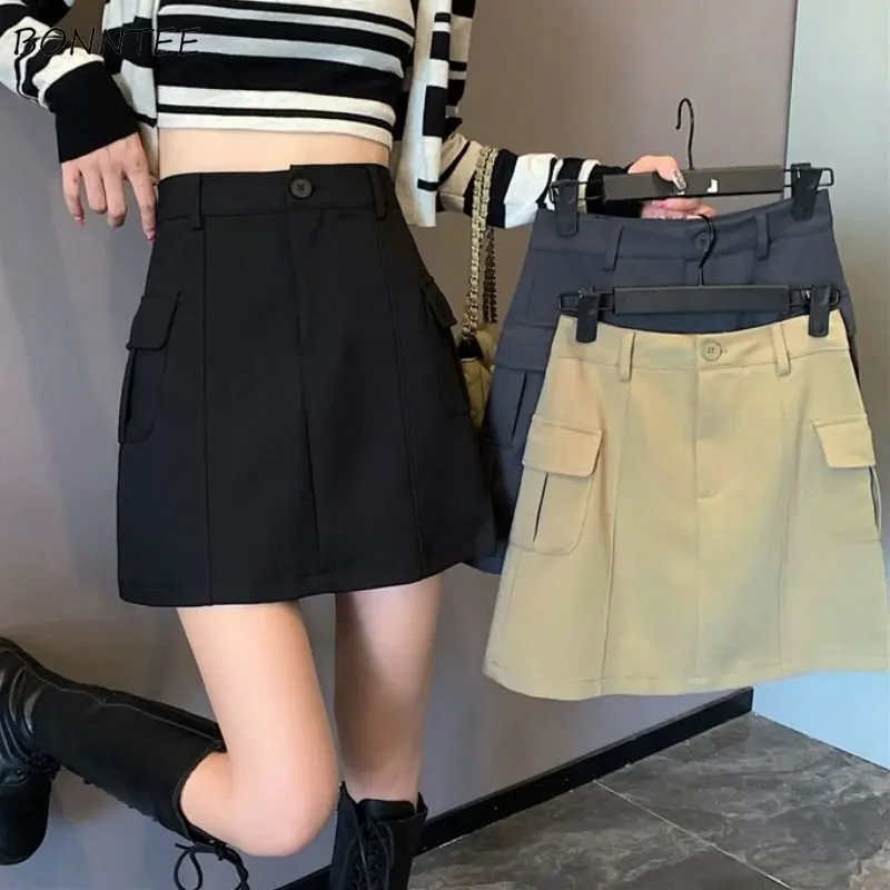 

Cargo Mini Skirts Women A-line Autumn New Korean Style Fashion Pockets Vintage Young Schoolgirls Chic Ins Ulzzang High Waist Hot