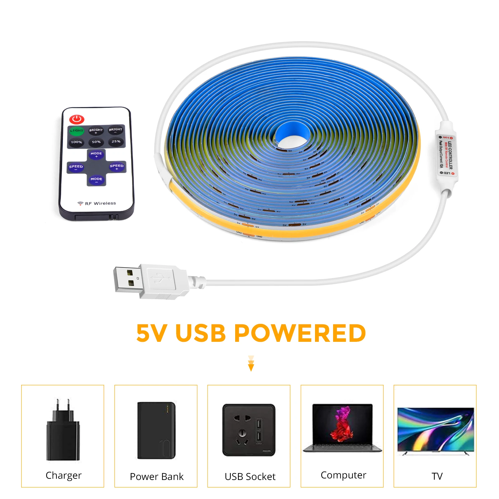 5V pasek COB LED z funkcją ściemniania zdalnego sterowania włączanie/wyłączanie 2/3/5M białe/ciepłe białe światło z kolbą do dekoracja do wnętrza