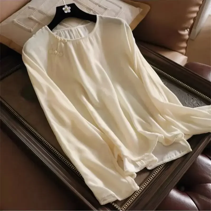 

Summer New Chinese Velvet Blouse Women Casual Vintage Frog Long Sleeves Loose Shirts Temperament Slanted Button Tops