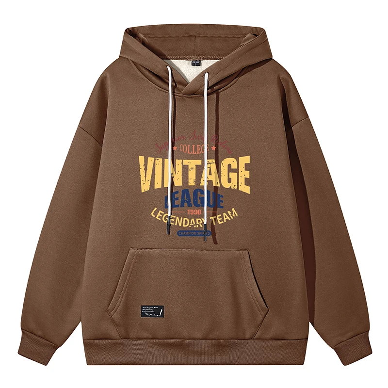 メンズ単色フード付きプルオーバー、レタープリント、ドローストリング、レタリングポケット、カジュアルスポーツパーカー、ルーズヴィンテージトップス、秋冬