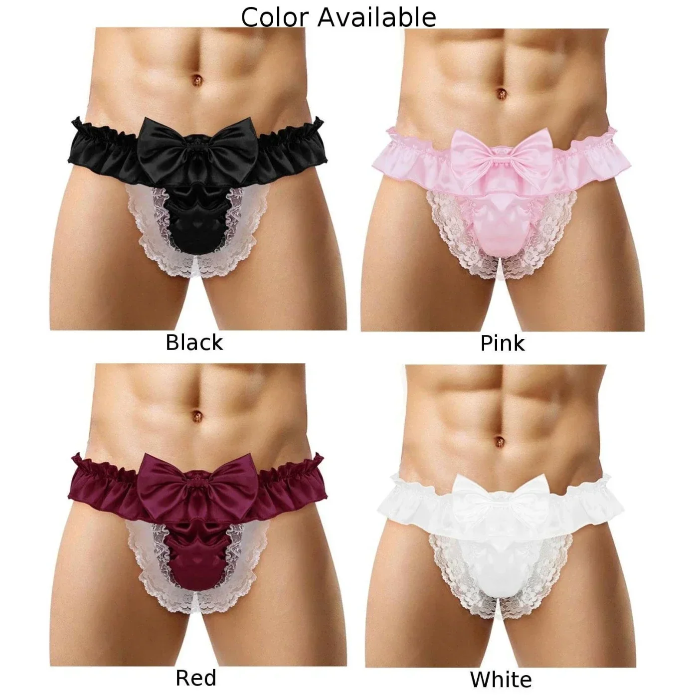 Men Sissy Briefs Backless Lace Silk Panties Satin Bikini G-String Bow Solid Thong Low Rise Sexy Gay Underwear Erotic Lingerie