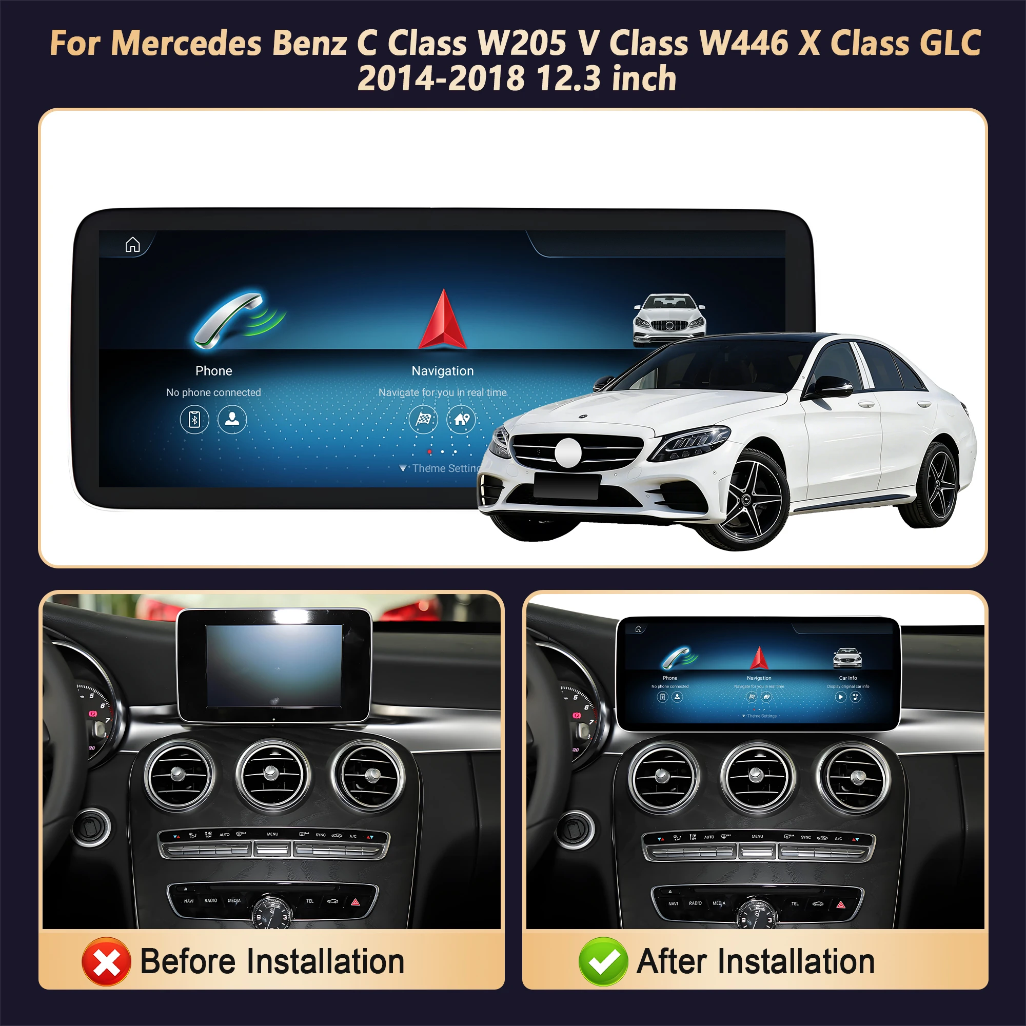 12.3 inch Radio Screen For Mercedes Benz C Class W205 V Class W446 X Class GLC 2014-2018 Carplay GPS Android 14 Snapdragon 685