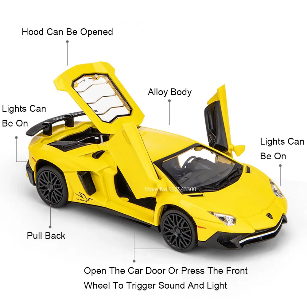 1:32 Scale LP740 SCV12 Car Model Toy Doors Opened Sound Light Cars Pull Back Rubber Tires Models Educational Gifts for Children