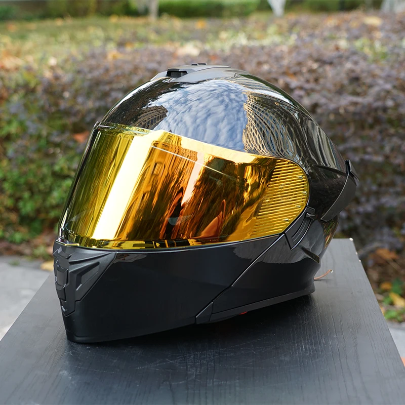 

Glossy pure black Colorful Full face Motorcycle Helmet man with Double-layer lens Flip-up Helmet for Unisex with Removable liner