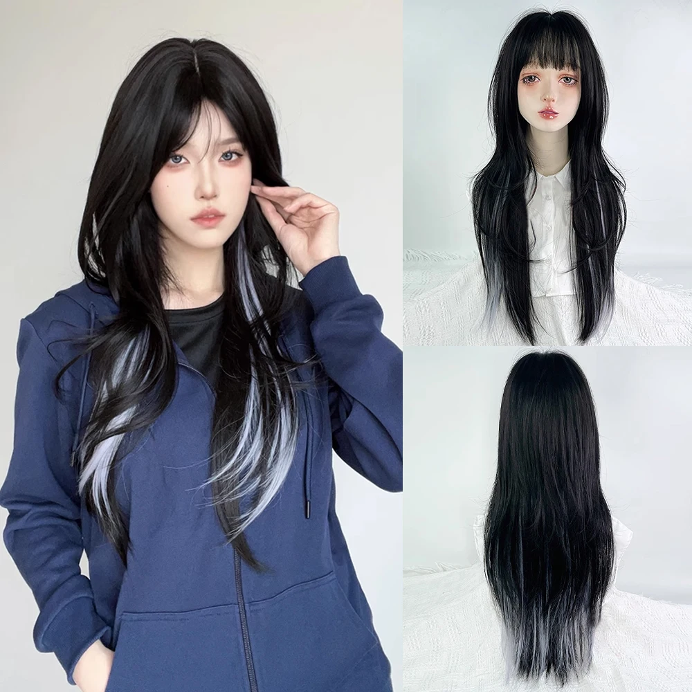 

Synthetic Long Straight Mullet Head Wigs Black Ombre Gray Layered Women Fluffy Lolita Cosplay Wig for Daily Party