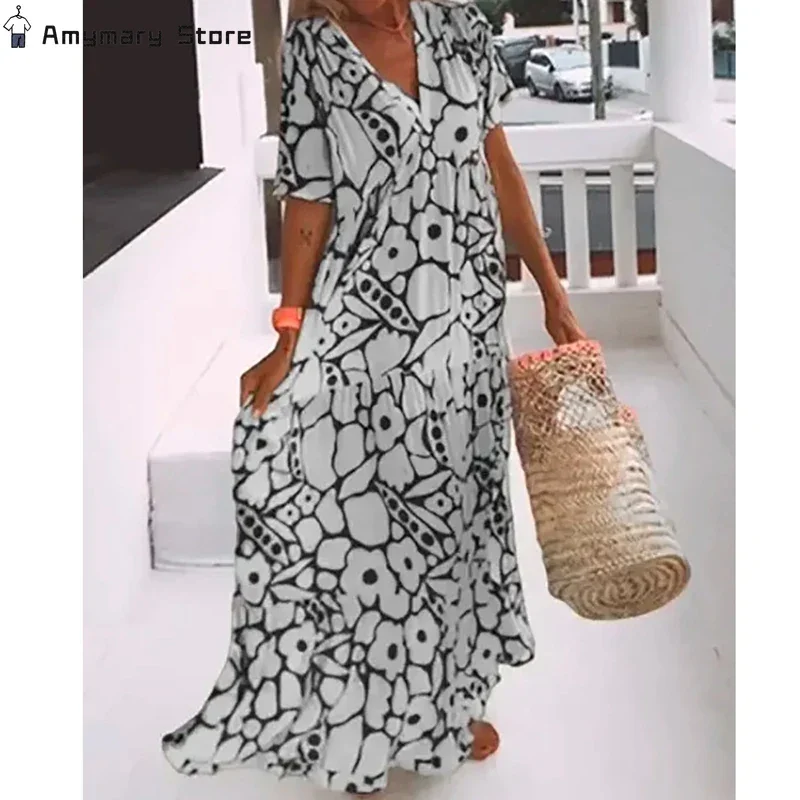 

New Summer Women's Casual Printed Dresses Fashion V-Neck Short Sleeve Floral Long Dresses Seaside Holiday Beach Sundress S-3XL
