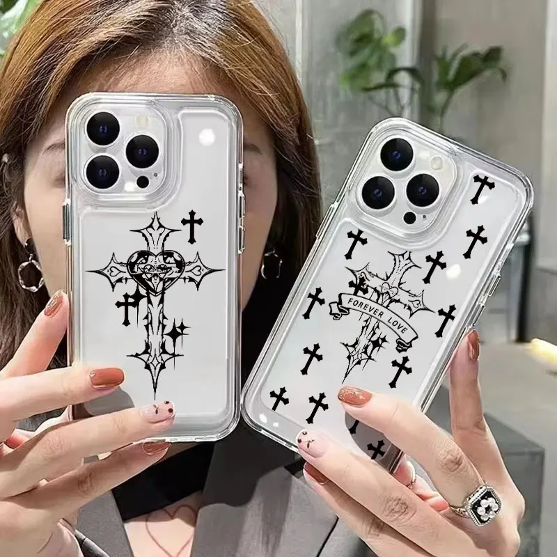 Black Cross Print Soft Silicone Phone Case for iPhone 16 Pro Max 15 14 13 12 11 XS X XR 7 8 Plus Clear Shockproof Bumper Cover