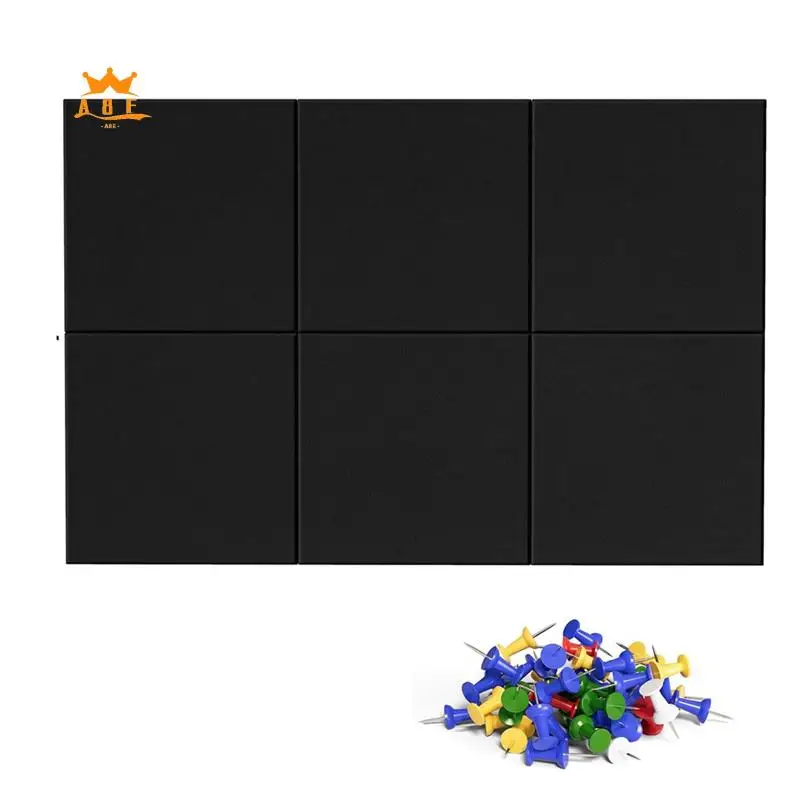 

A08E-Cork Board Alternative, 6 Pack Felt Wall Tiles With 50 Pushpins, Black Cork Boards For Walls Cork Board