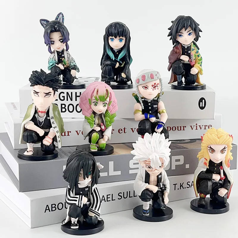 9pcs/set Anime Demon Slayer kawaii kneeling position Action Figure PVC Model Toys doll Desk Decor car ornament Collectible Gifts
