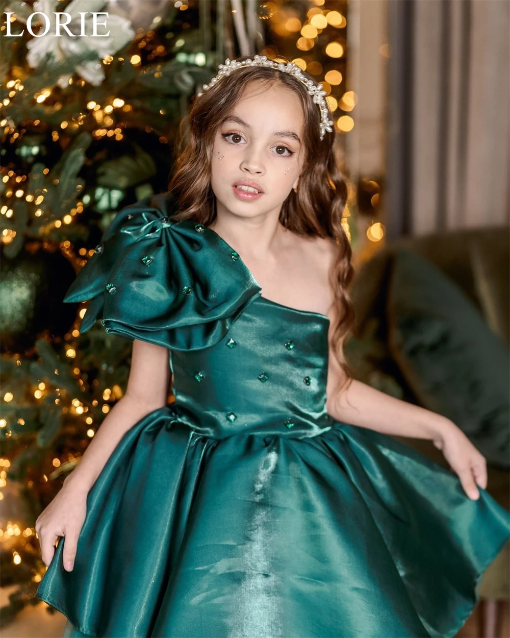 LORIE Cute Green Flower Girl Dresses A-Line One Shoulder Beading Pleated Bow Wedding Party Dress Fairy Birthday Dress Cusomized