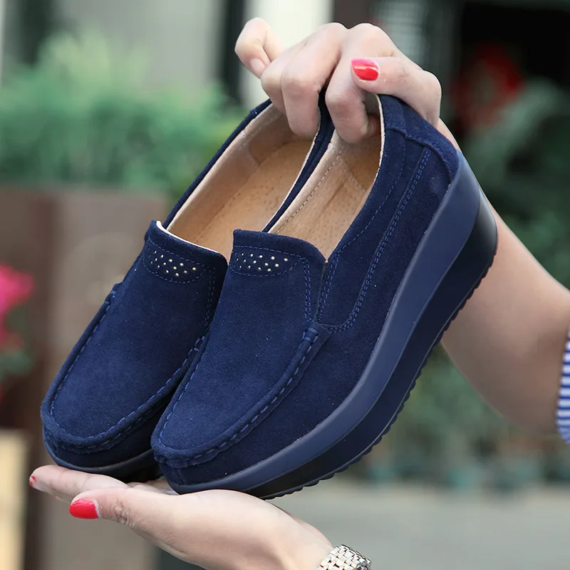 Women Flat Platform Loafers Ladies Elegant Suede Leather Moccasins Shoes Woman Slip On Moccasin Women\'s Blue Casual Shoes