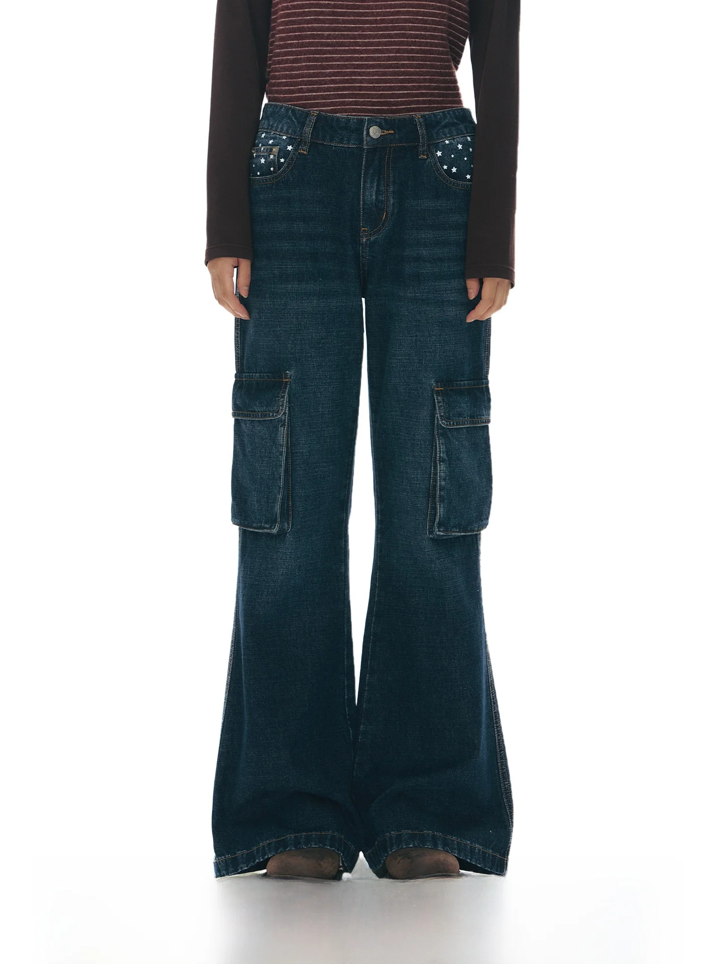 

NAPSNAPS Original Star Print Flared Jeans Women's Retro Design ket Bell Bot Cotton Low Waist Autumn Winter