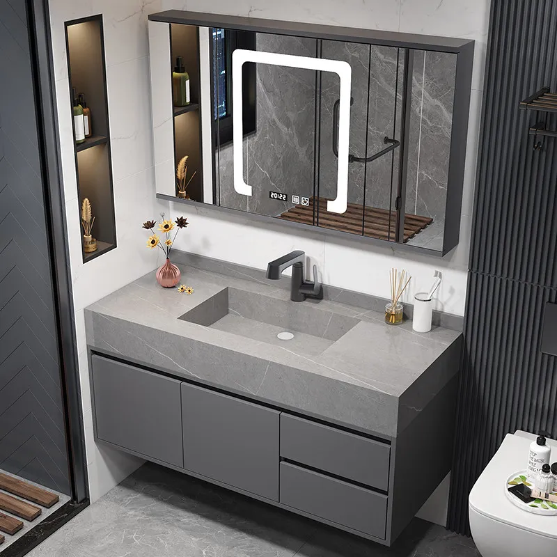 Light luxury bathroom cabinet feng shui mirror cabinet combination modern rock slab integrated multi-color countertop optional