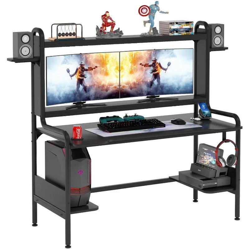 

Gaming Desk with Monitor Stand, Computer Desk with Hutch and Storage Shelves, Large PC Gamer Desk, computer desks