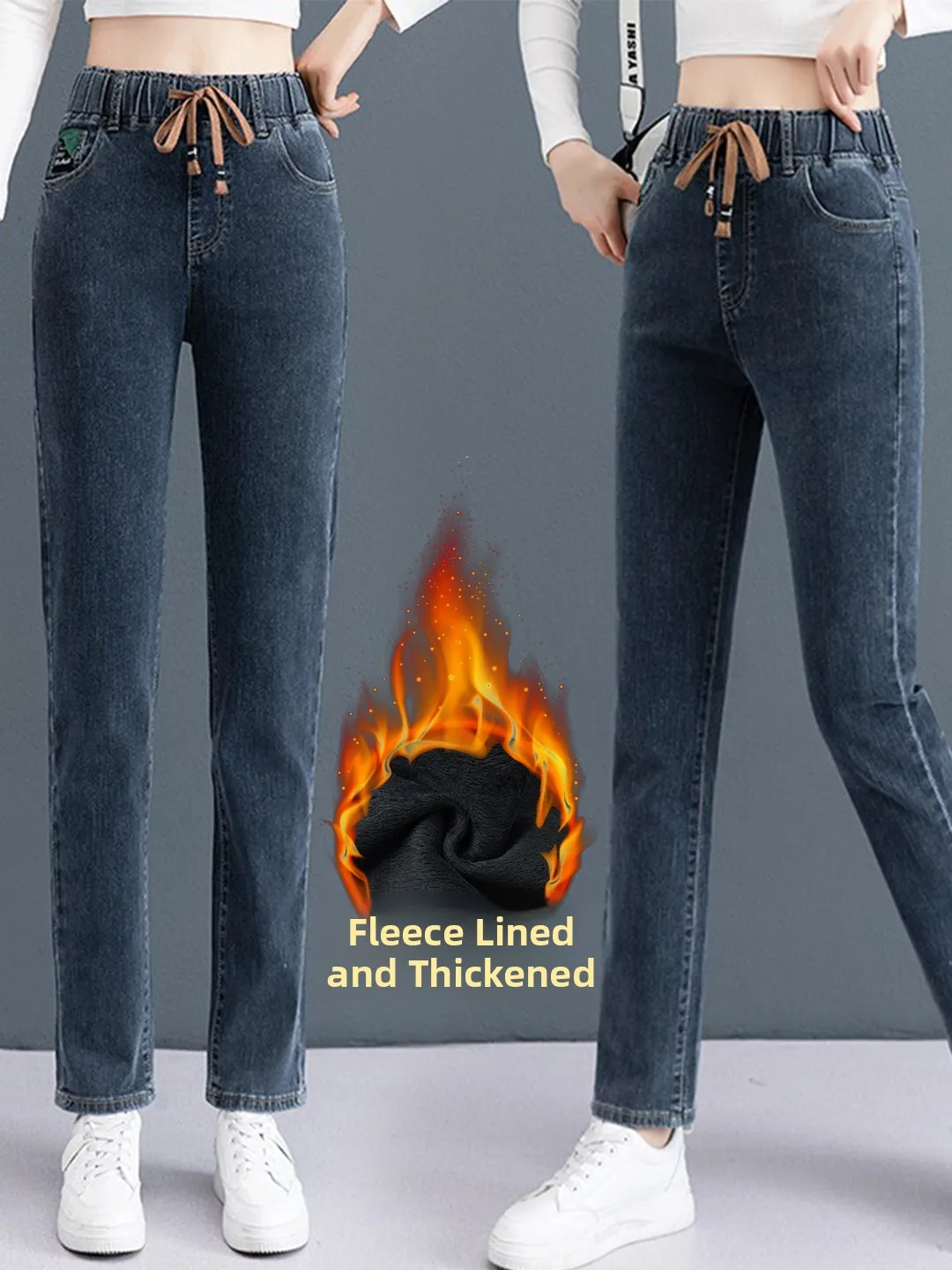 

Прямые джинсы с высокой талией, женские джинсы с эластичной резинкой на талии, осень-зима, новые свободные брюки для сигарет