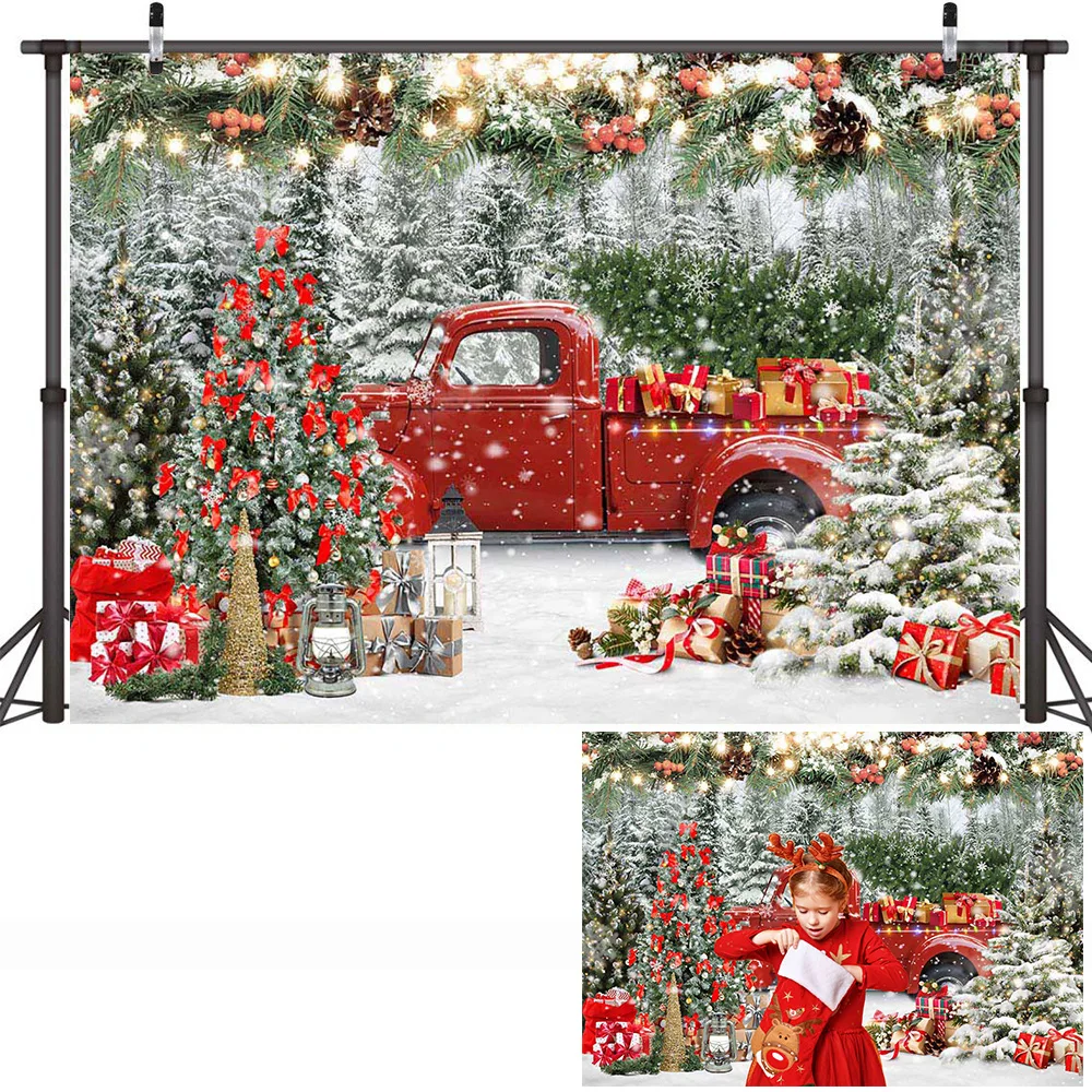 Xmas Snowy Pine Forest Backdrop Red Truck Gifts Paradise Christmas Birthday Photo Background for Children Winter Studio Decor