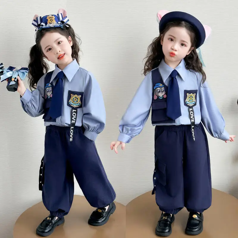 

Комплект из 2 предметов: Мягкая рубашка и брюки с мультяшным принтом, милый и удобный костюм полицейского для девочек, модный детский наряд, подарок, аниме, кавайный стиль, весна-осень