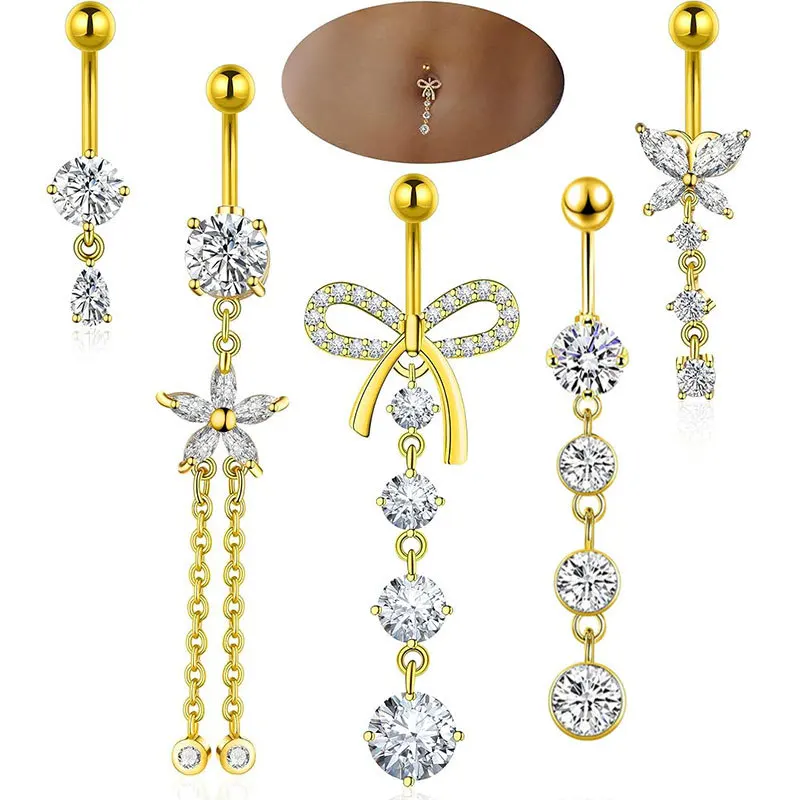 14G Surgical Stainless Steel Dangly Belly Rings for Women Dangling Heart Bow Butterfly Navel Belly Piercing Jewelry