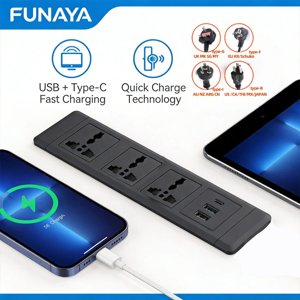 FUNAYA Universal  Embedded Furniture Socket with UK EU US AU Plug Desktop Concealed Extension Built-in Countertop Power Socket