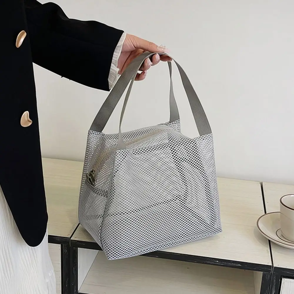 Space-Saving Casual Mesh Tote Beach Bag with Handle Portable Toiltery Makeup Bag Solid Color Soft Cosmetic Zipper Pouch Travel