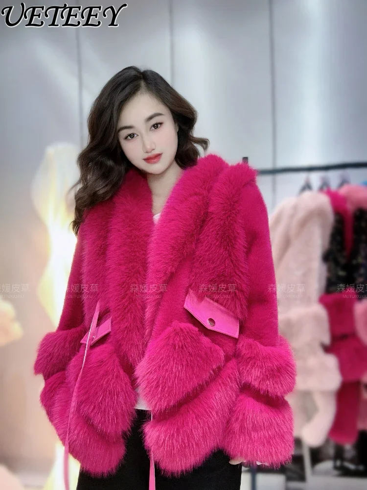 

2024 New Winter Women's Black Imitation Fox Fur Splicing Fur Coat Versatile Sweet Pink Warm Fur Jacket Short Hairy Coats Casaco