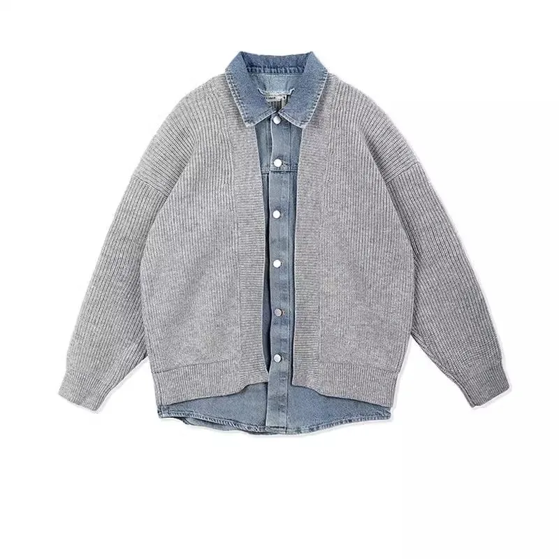 เสื้อคาร์ดิแกนไหมพรมถักแบบเปิดทรงหลวมสไตล์ลำลองสำหรับผู้ชาย ไซส์ใหญ่ 300 ปอนด์  ผ้าเดนิม  ตัดต่อทันสมัย  ใส่สบาย