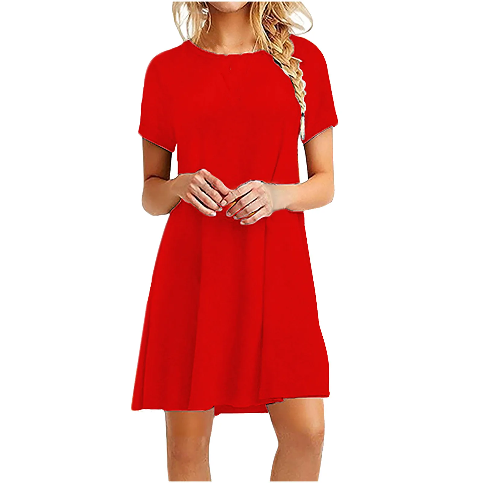 

2024 Women Simple Versatile Dress Casual Loose Polyester Short Sleeve Round Neck Tops Dresses Female Solid Color Vestidos