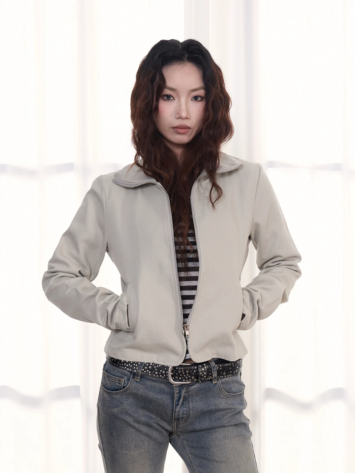 

Американская ретро-куртка Slim Fit с молнией, модная верхняя одежда в стиле Spicy Girl, трендовая хлопковая повседневная куртка