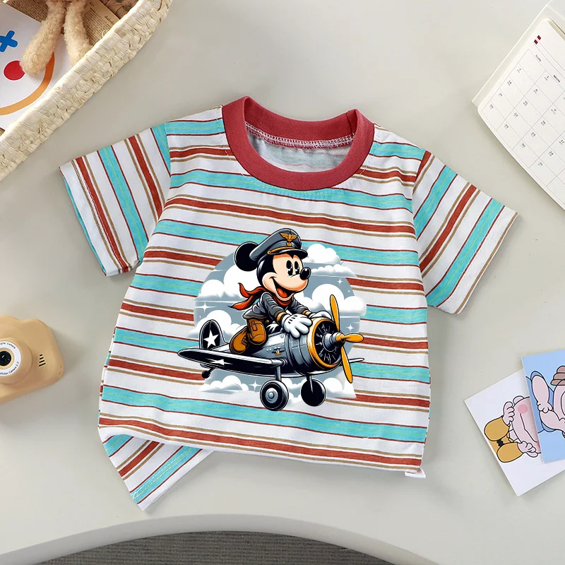 

Disney Mickey Mouse Short Sleeve Clothes Pilot Mickey Printed Striped T-shirt Summer O-neck Tops Tee Boys Girls Kids T-shirts