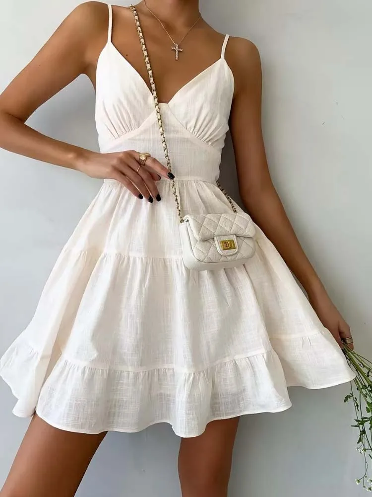 Elegant Sling Dress Women Sexy V-neck Mini Dress Summer Fashion White Sleeveless A-line Dress Lady Vintage Ruffle Vest Sundress