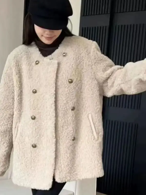 

Thickened Lamb Velvet Short Coat Women's Autumn Winter Loose Double Button Pure Color Korean Style Commute Outerwear Jacket