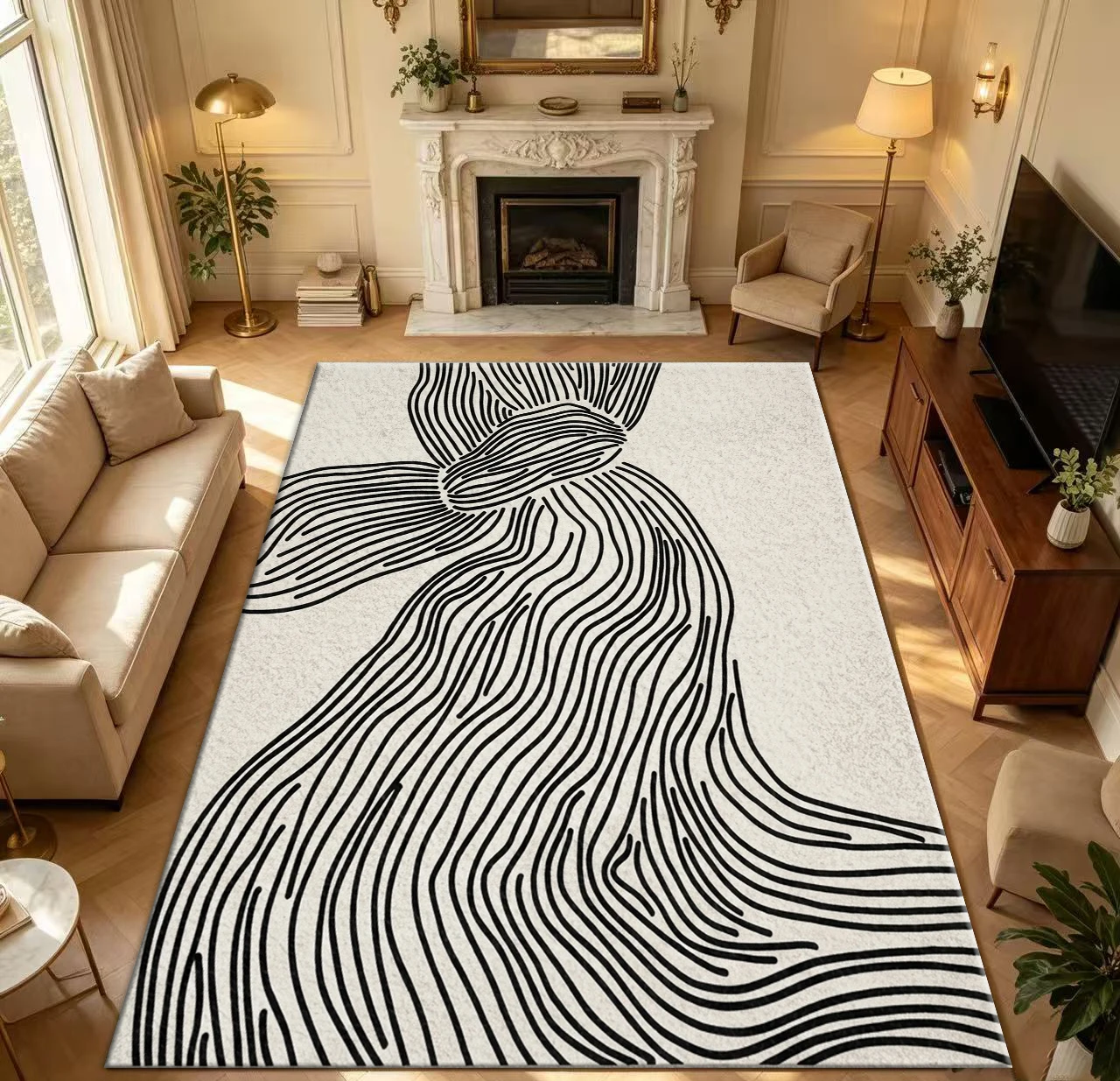 Minimalist Black Line Abstract Wave Area Rug Boho Textured Line Art Carpet Non Slip Washable Living Room Bedroom Floor Mat
