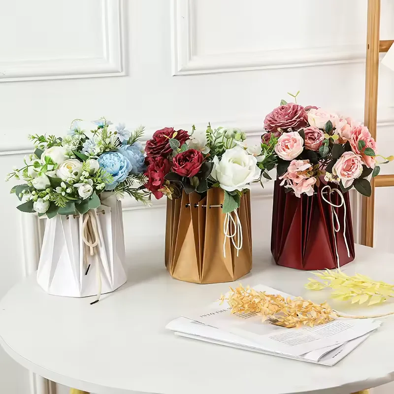 10pcs/pack Flodable Wholesale Flower White Kraft Paper Packaging Boxes Exquisite Cardboard Vase Waterproof Aqua Box For Flowers